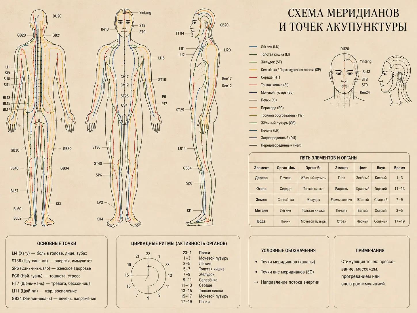 Схема меридианов и точек акупунктуры